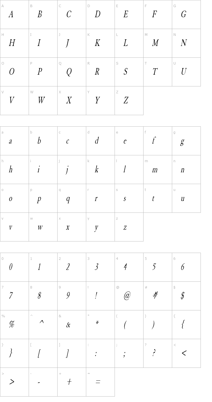 Character Map Elephant Thin Italic Font