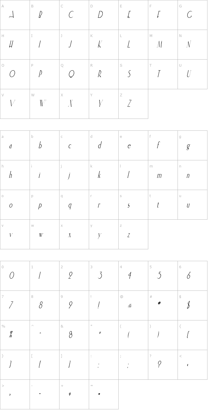 Character Map ElisiaCondensed Italic Font