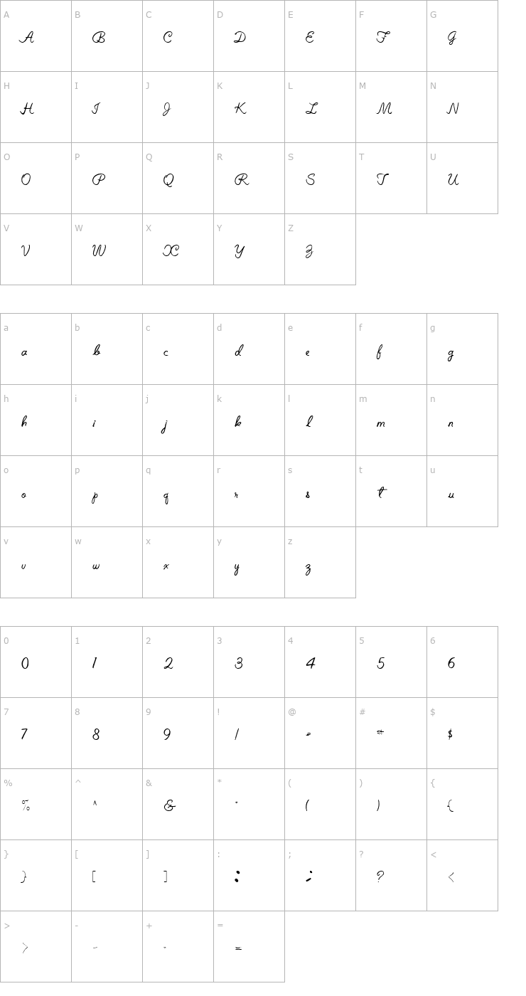 Character Map Elizabeth Semi-Script Regular Font