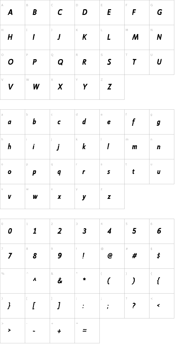 Character Map Emory-BoldItalic Font