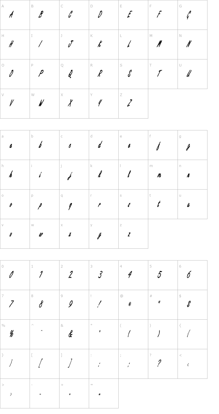 Character Map Encino Xtra Condensed Italic Font