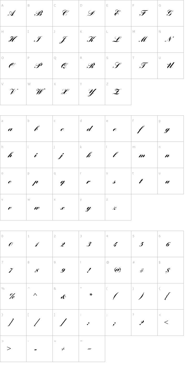 Character Map Englische_Becker_Joining_Bold Font