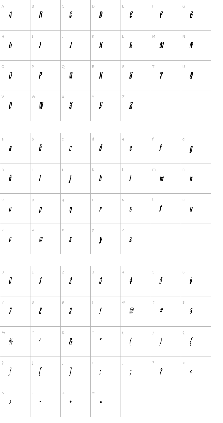 Character Map Epic Thin Italic Font