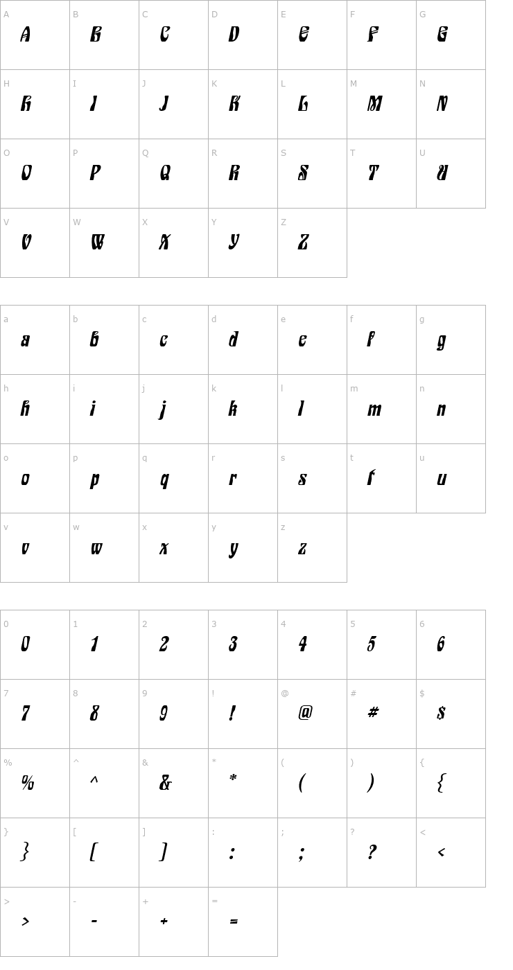 Character Map Epic Wide Italic Font