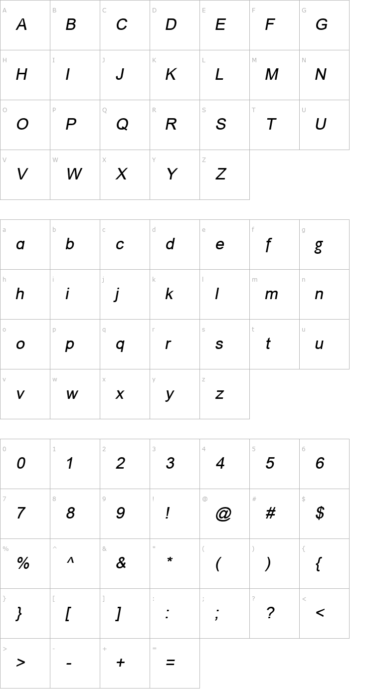 Character Map ER Univers 866 Italic Font