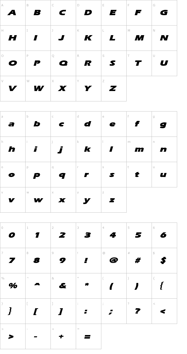 Character Map Ergoe-Mild Black Expanded Italic Font