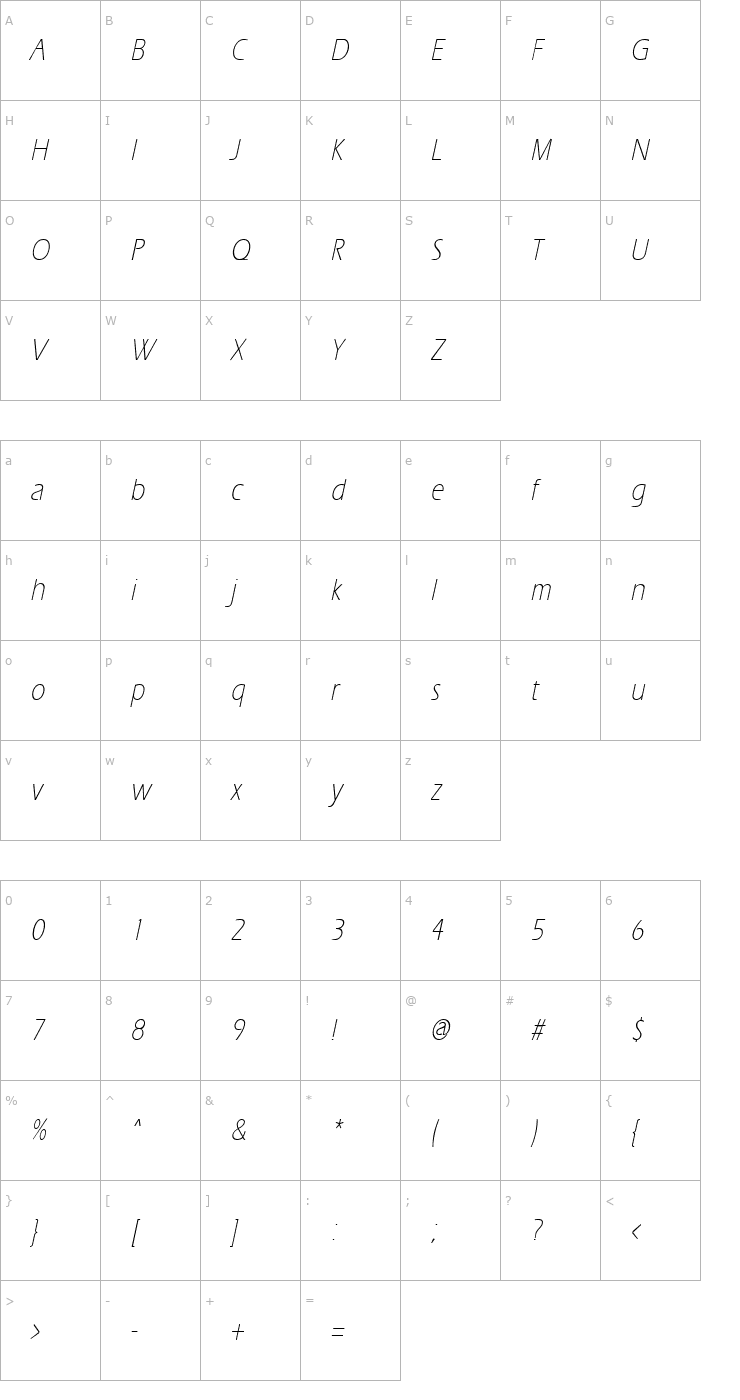 Character Map ErgoeLightCond Italic Font