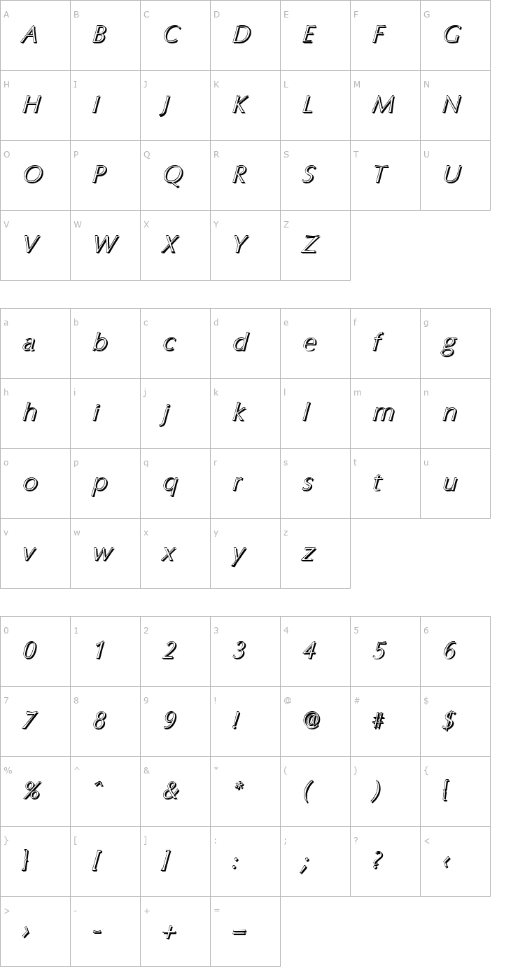 Character Map EricBeckerShadow-Xlight-Italic Font