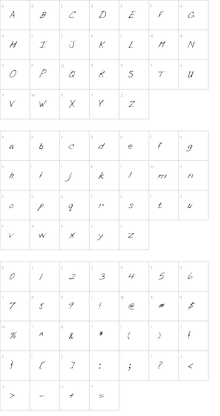 Character Map ErinsHand Regular Font
