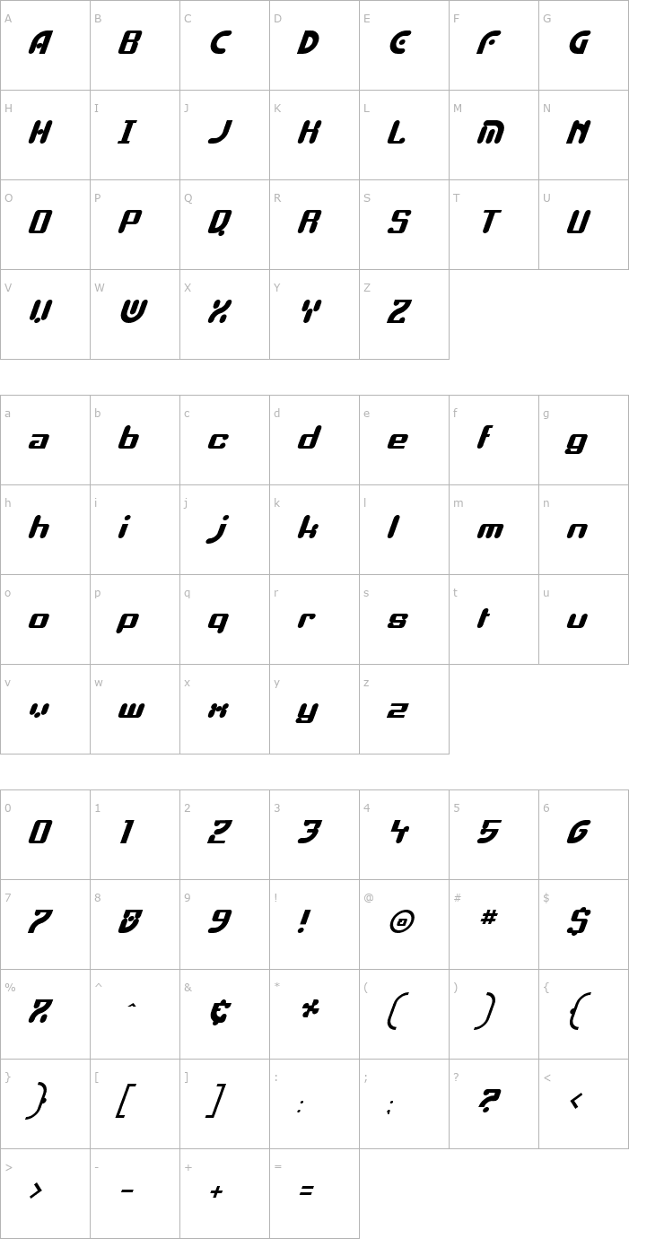 Character Map Esboki Italic Font