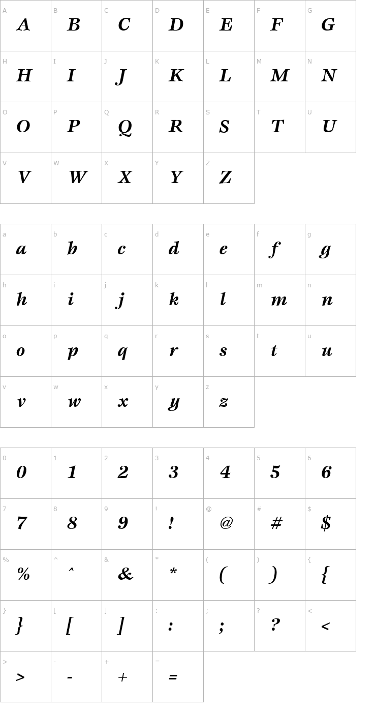 Character Map Esprit Bold Italic Font