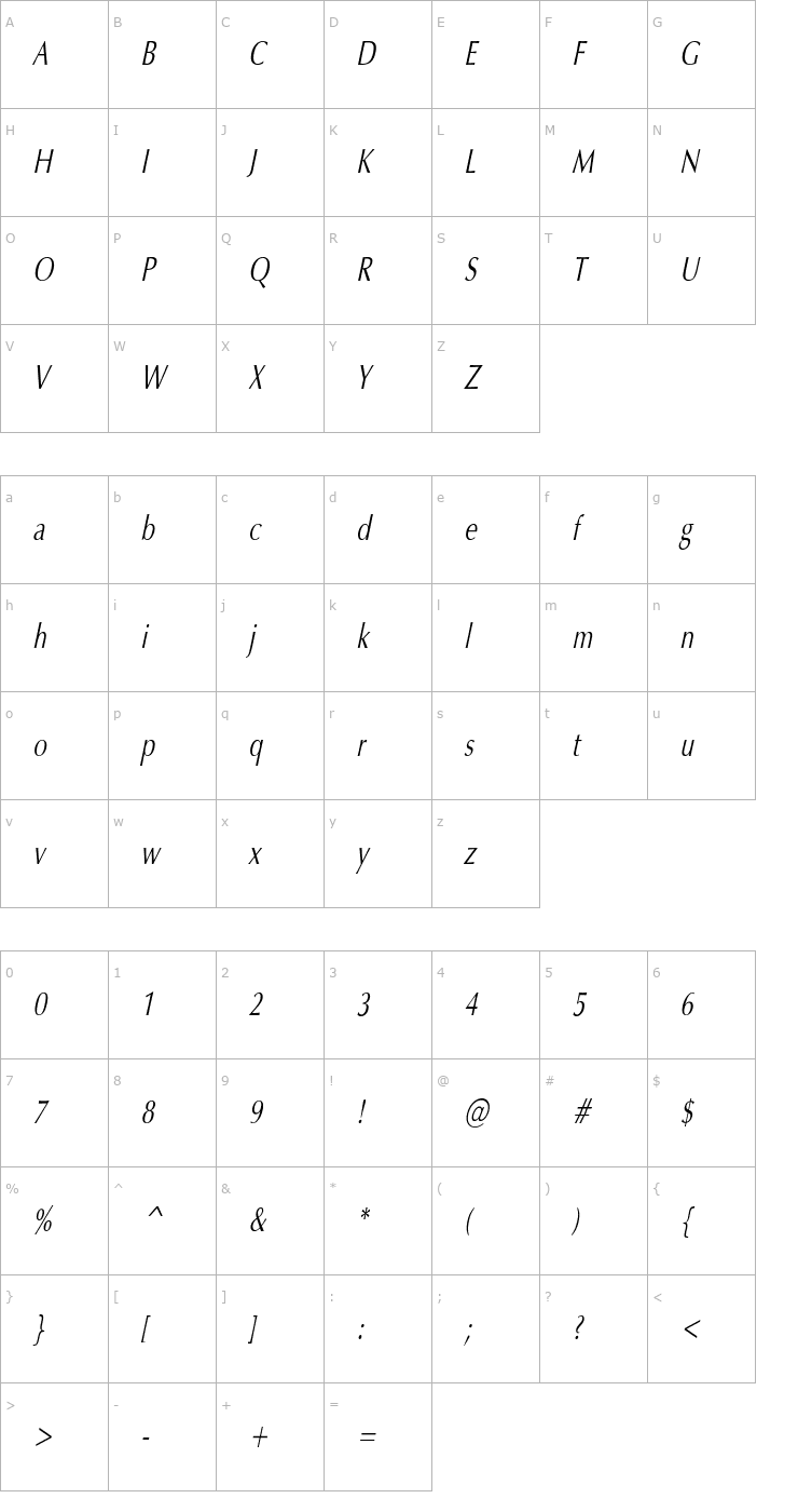 Character Map EternaCondensed Oblique Font