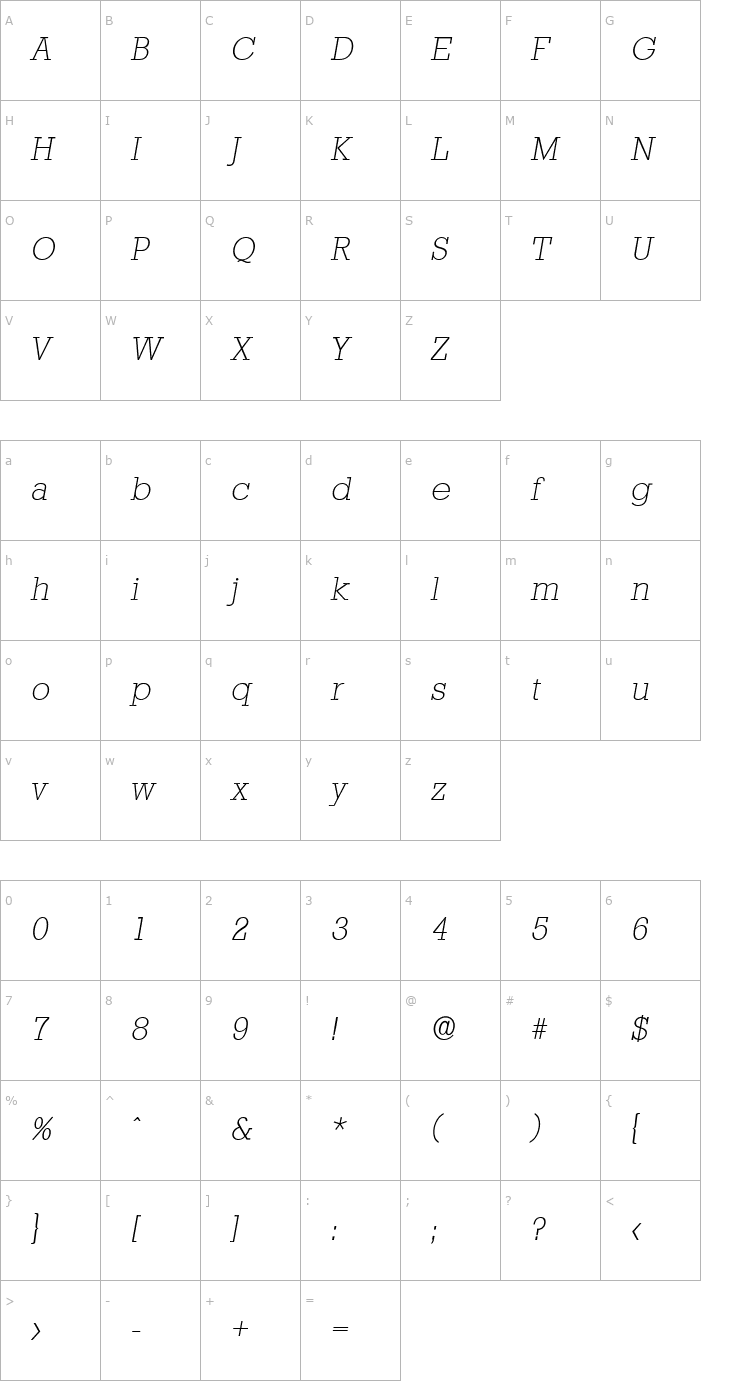 Character Map EugeneBecker-ExtraLight Italic Font