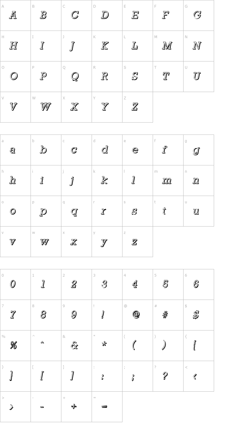 Character Map EugeneBeckerShadow-Light-Italic Font