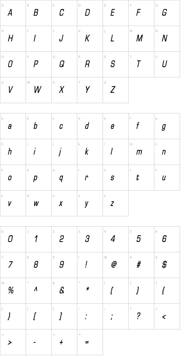 Character Map Eurasia Condensed BoldItalic Font