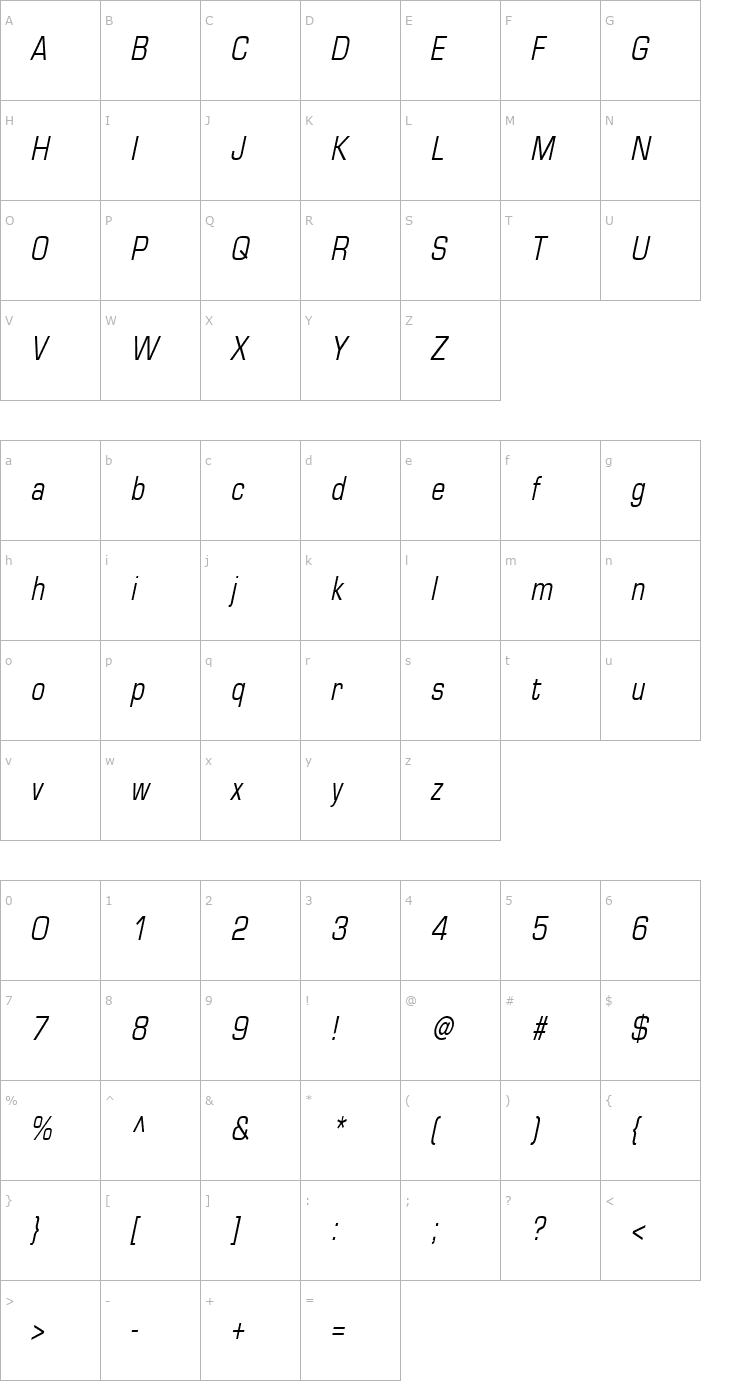 Character Map Eurasia Condensed Italic Font