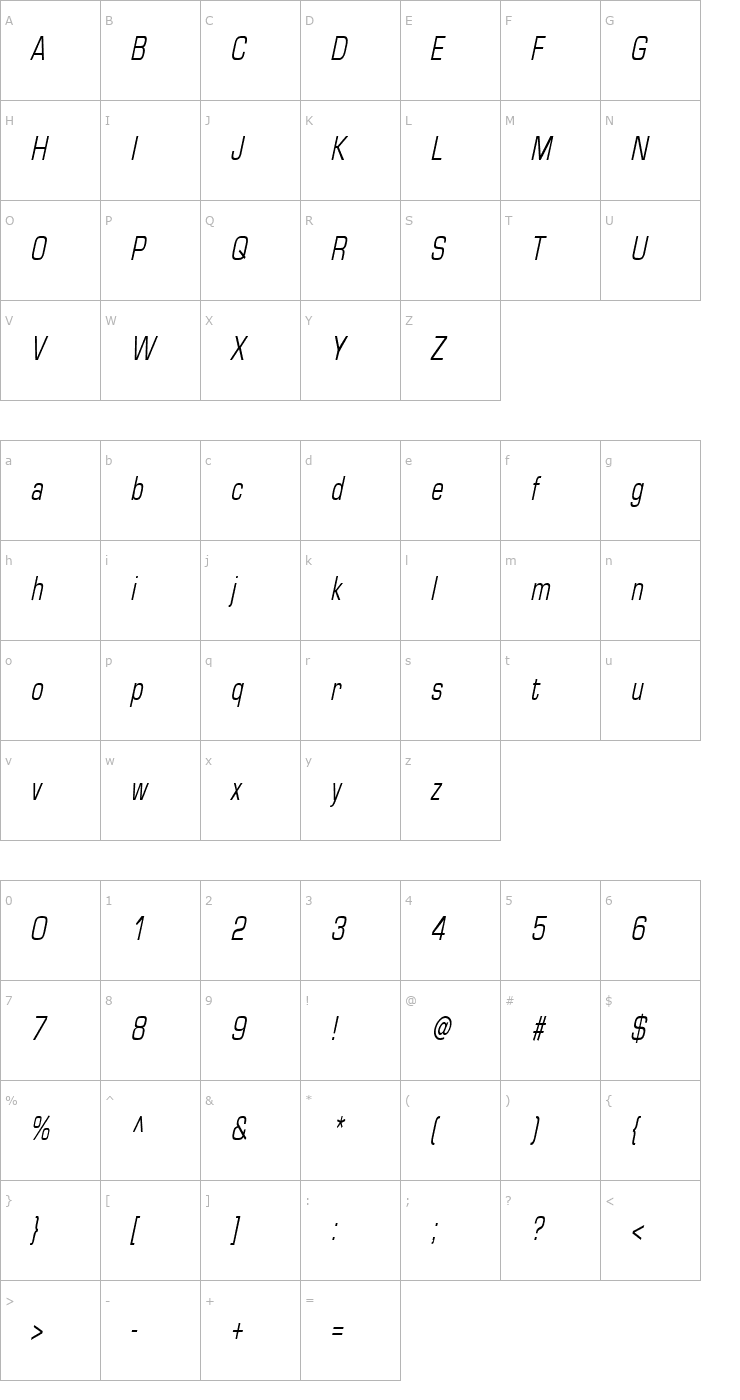 Character Map Eurasia Thin Italic Font