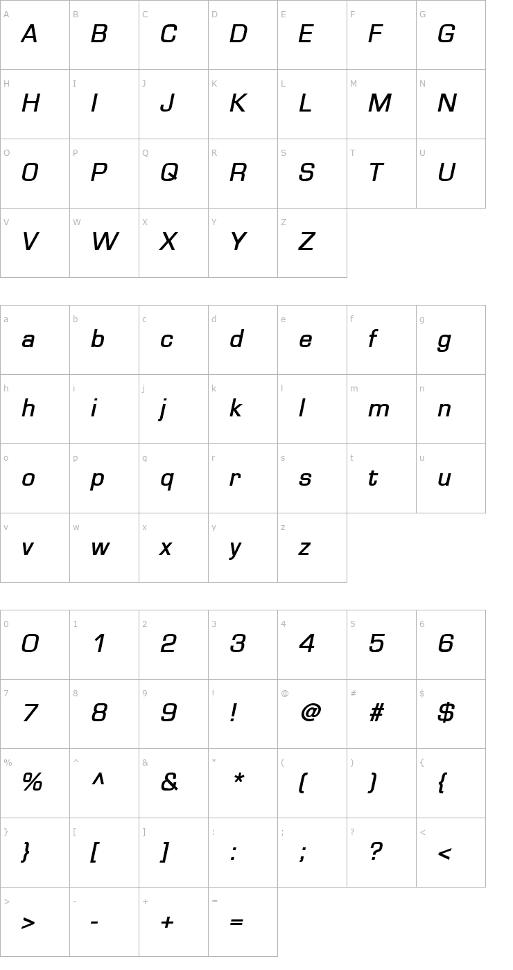 Character Map Eurasia Wide BoldItalic Font