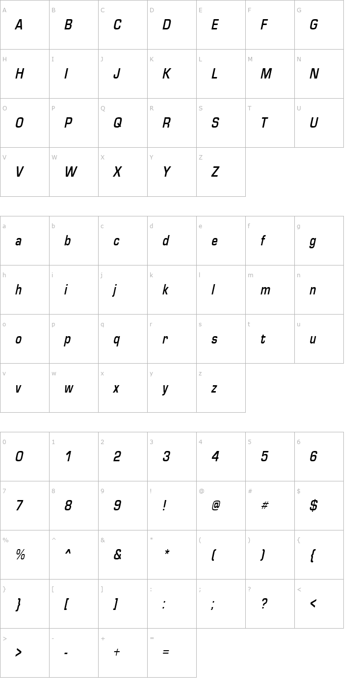 Character Map EuroseCond Italic Font