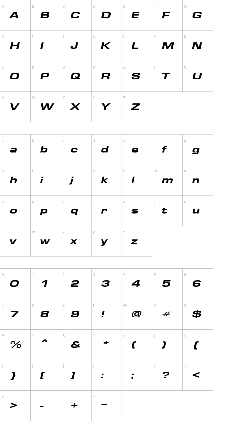 Character Map EuroseWideHeavy Italic Font