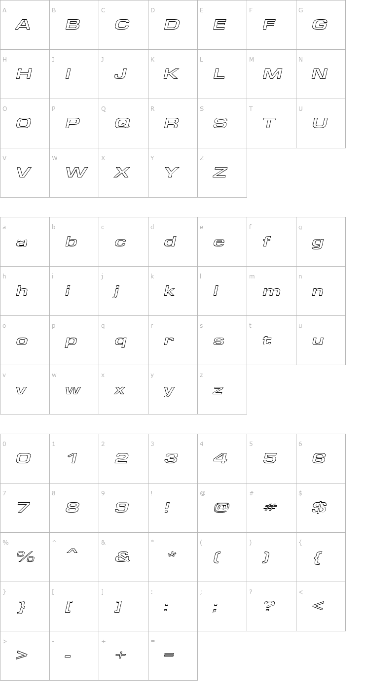 Character Map EuroseWideHollow Italic Font