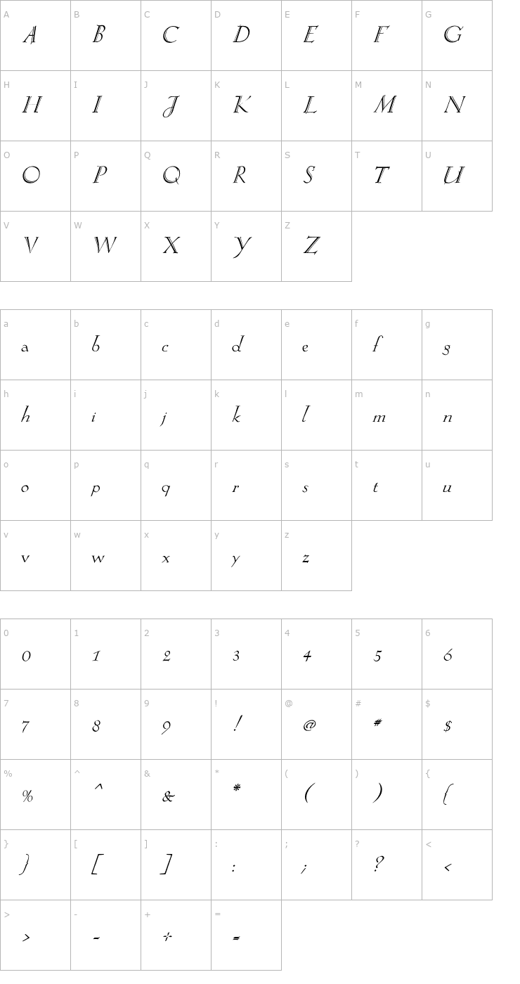 Character Map EvaAntiquaLtItSG Font