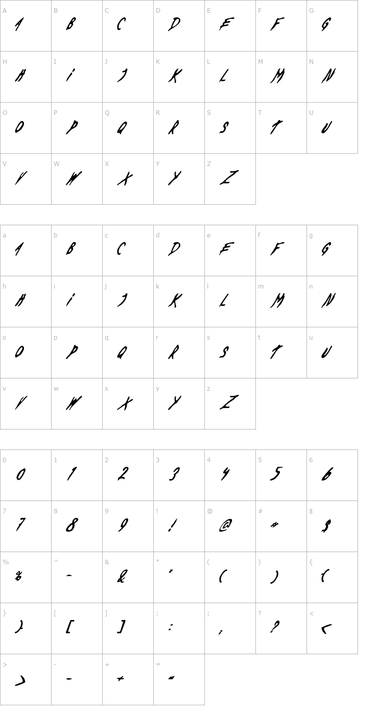 Character Map Evil Deas by Dawn US Font