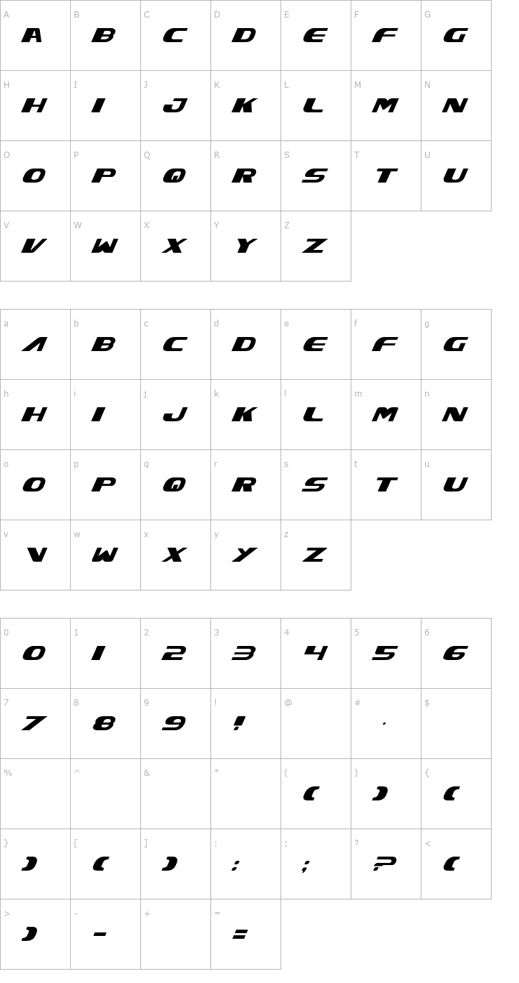 Character Map Excelsior Italic Font