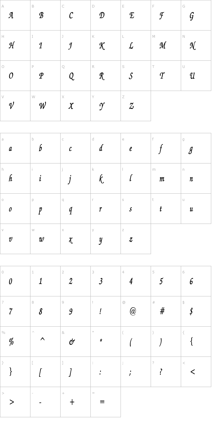 Character Map ExchequerScriptCondensed Bold Font