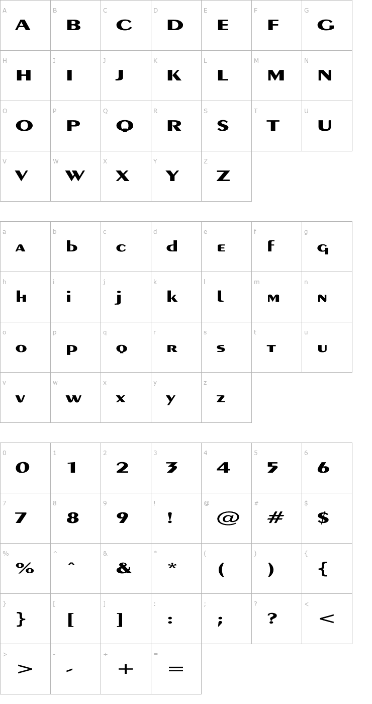 Character Map Exotic-Bold Ex Font