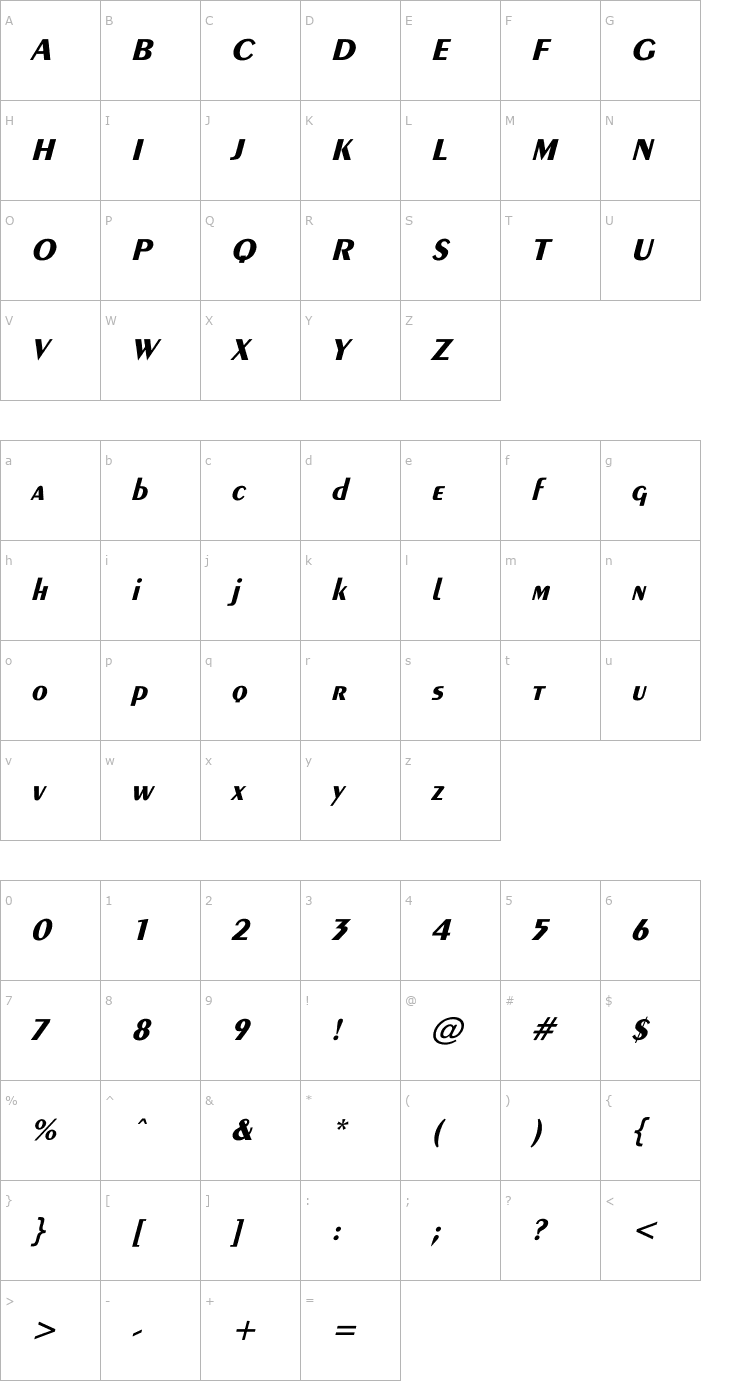 Character Map Exotic-Bold Italic Font