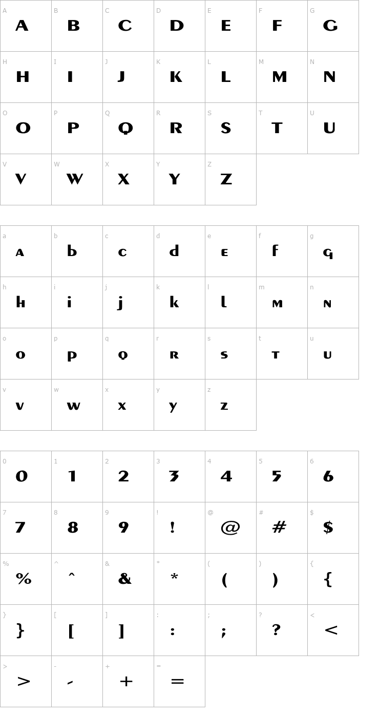 Character Map Exotic-Bold Wd Font