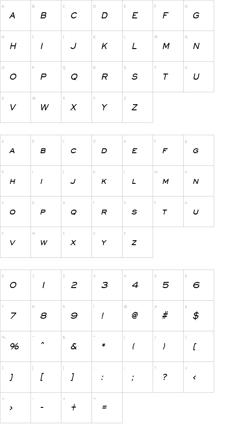 Character Map Eye glass Condensed Bold Italic Font