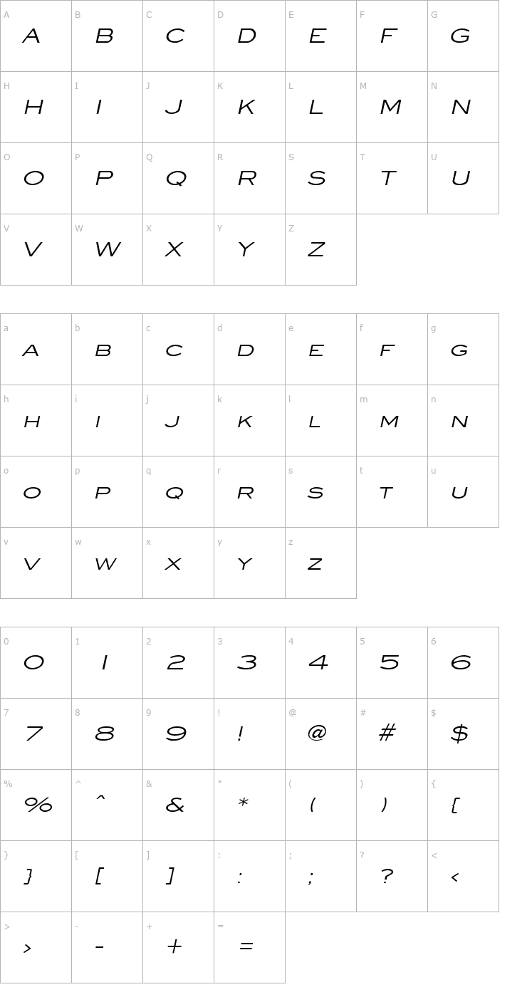 Character Map Eye glass Wide Italic Font