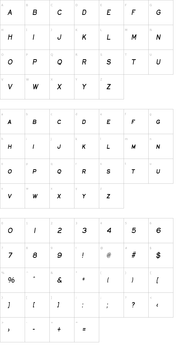 Character Map EyechartCondensed Bold Italic Font
