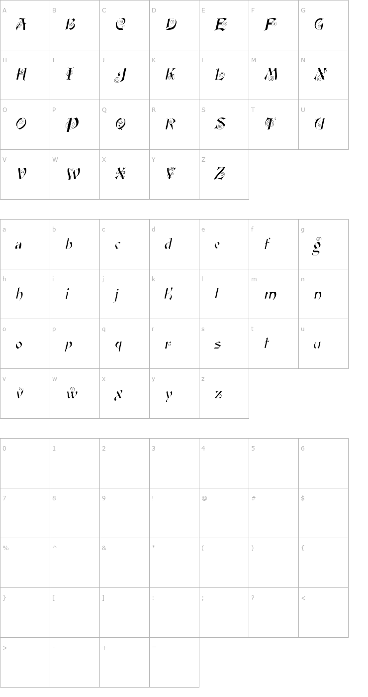 Character Map FairyScrollDisplay Italic Font