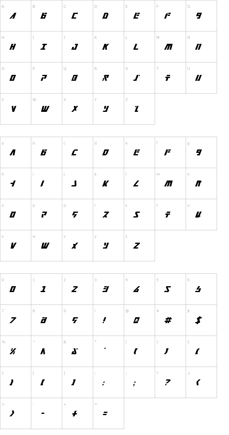 Character Map Falconhead Condensed Italic Font