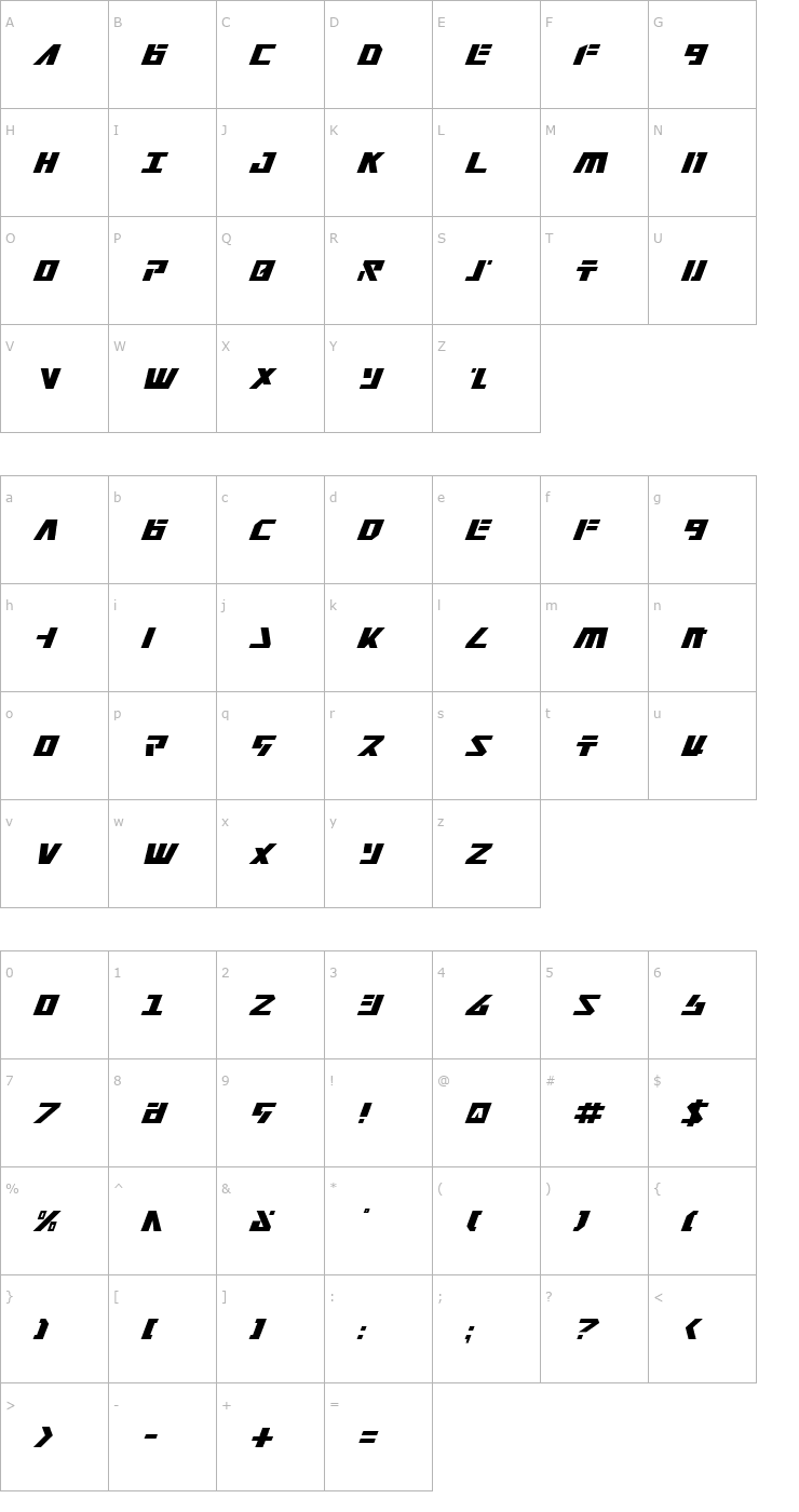 Character Map Falconhead Italic Font