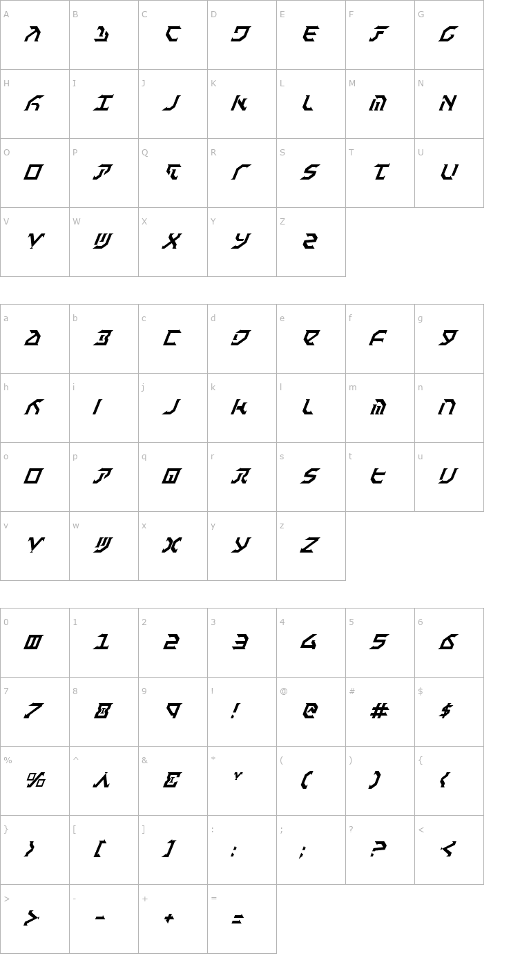 Character Map Fantazian Italic Font
