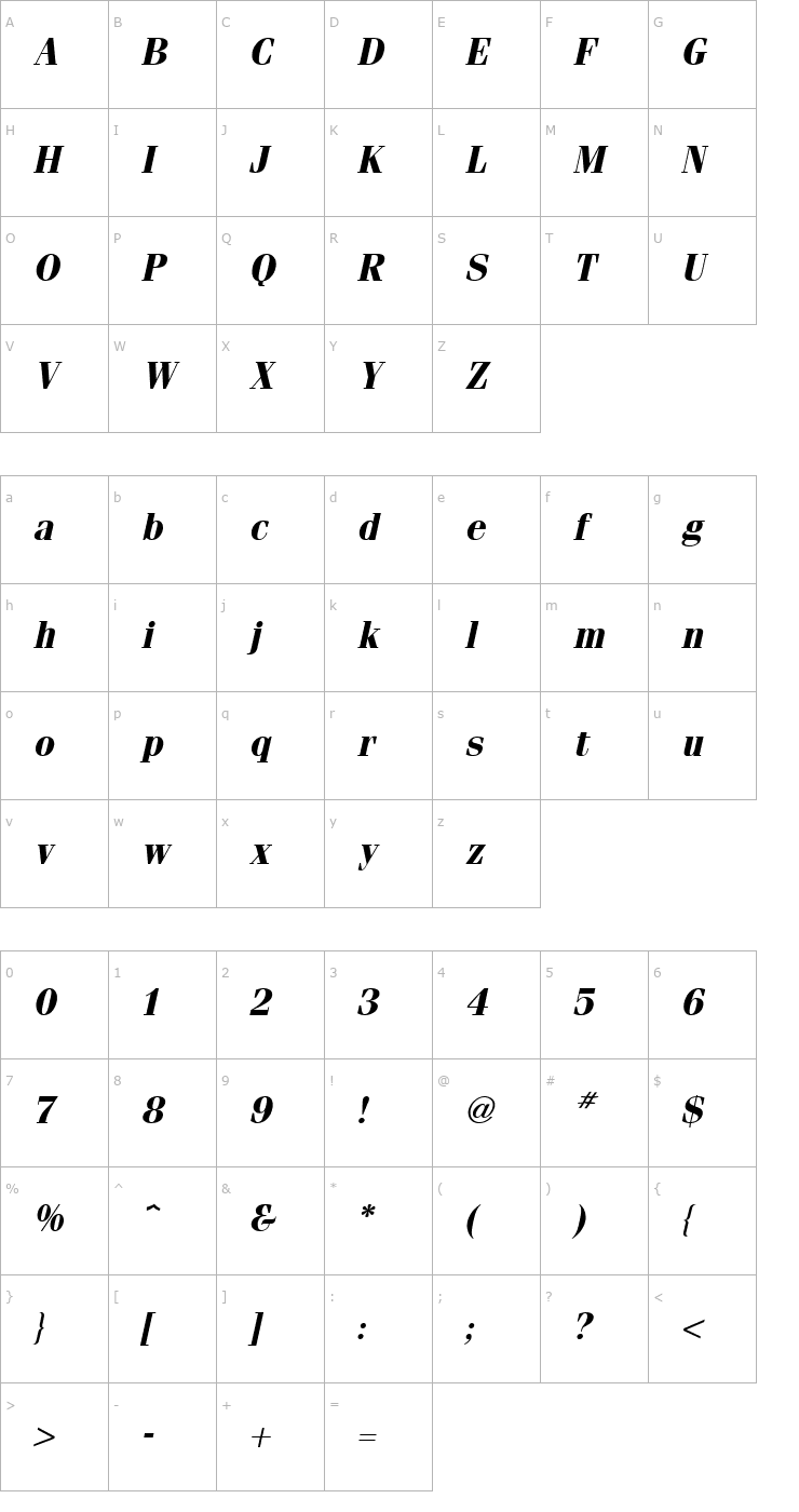 Character Map Fenice Bold Italic Font
