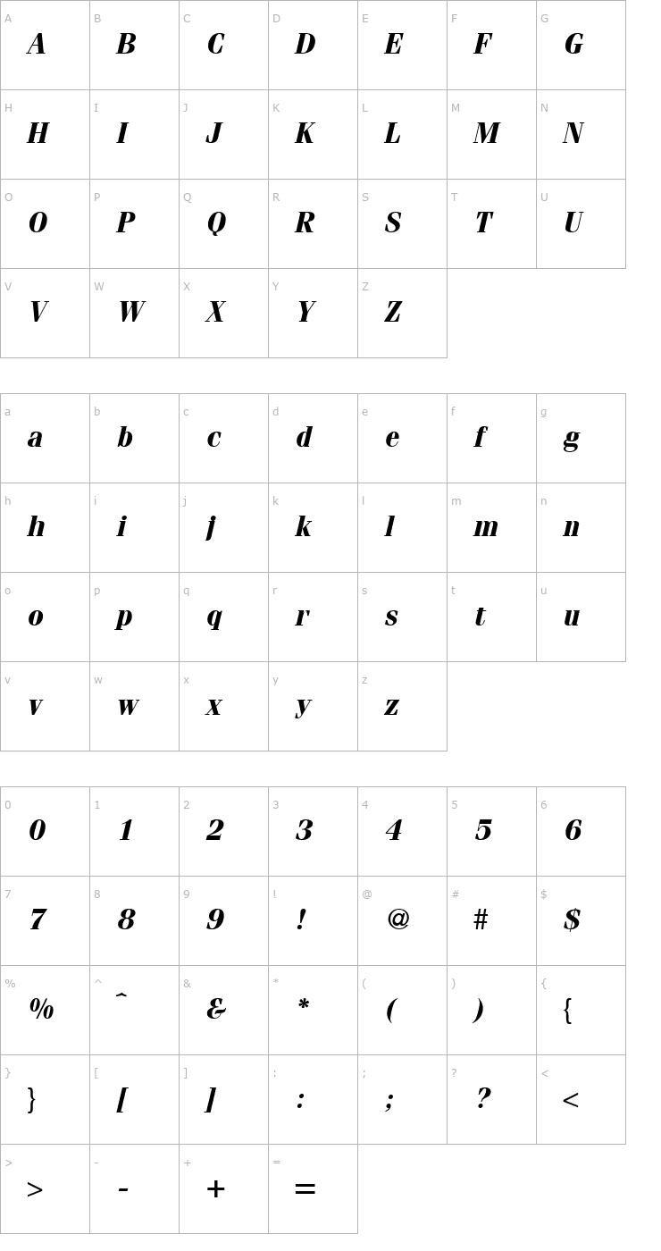 Character Map Fervent-BoldItalic Font