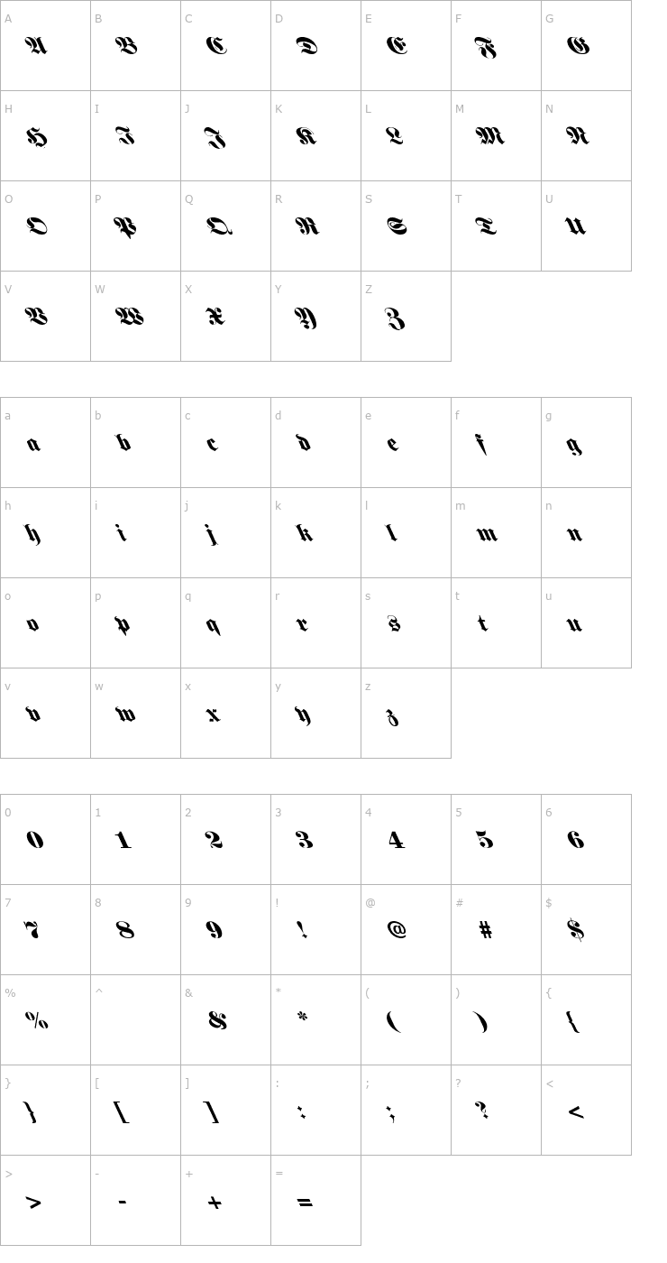 Character Map Fette Fraktur Semi Bold Lefty Font
