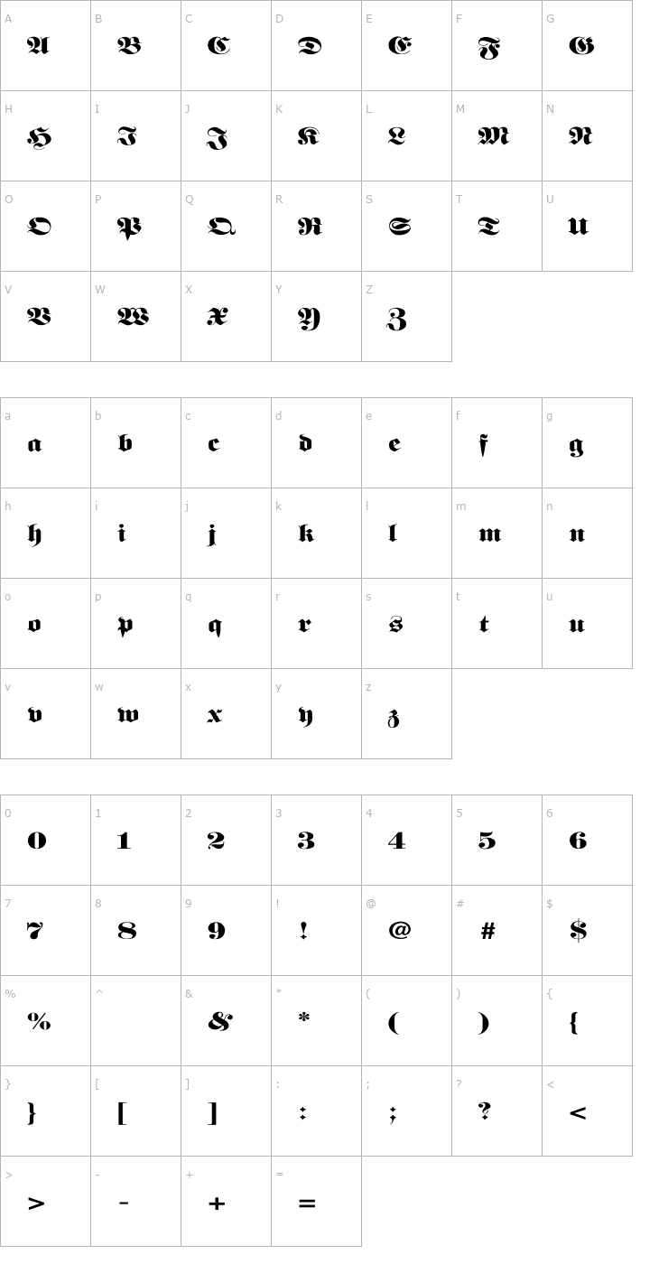 Character Map FetteFraktur-SemiBold Wd Font