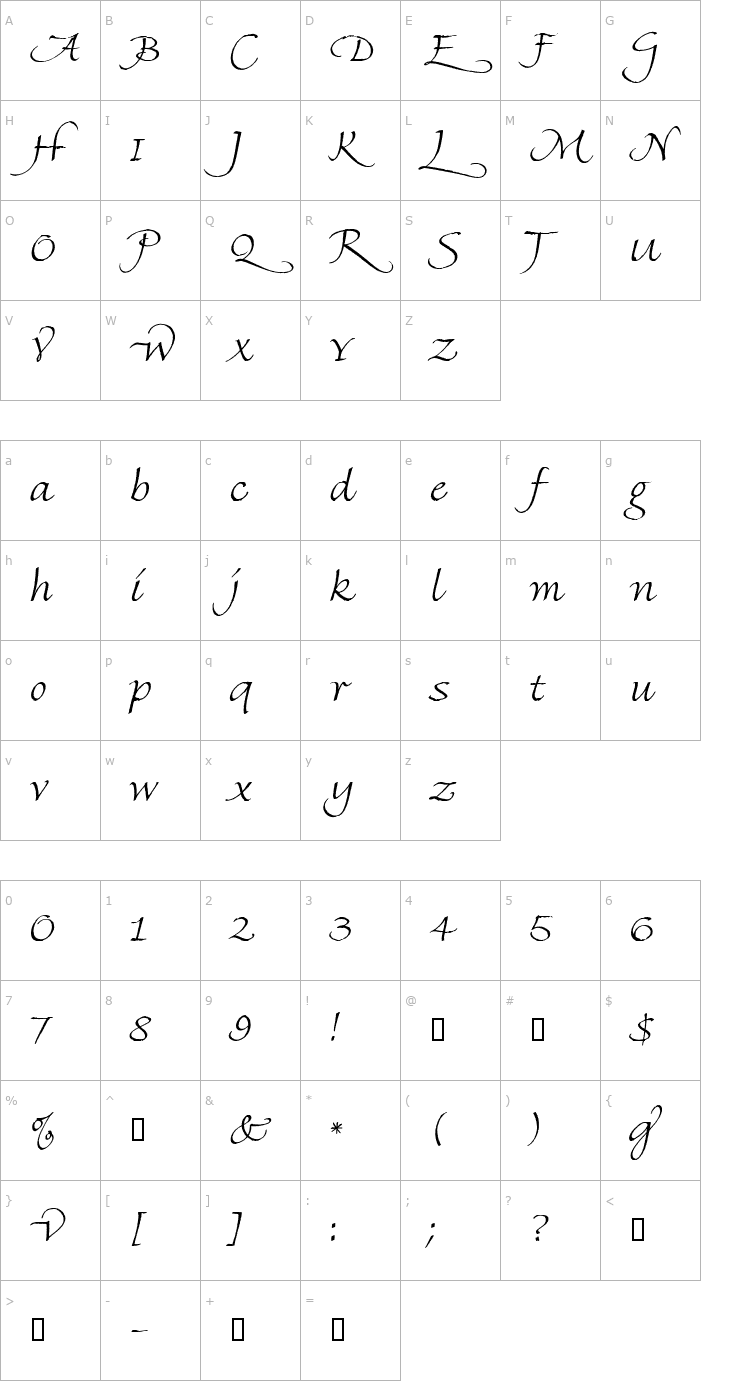 Character Map Finehand Swash Regular Font
