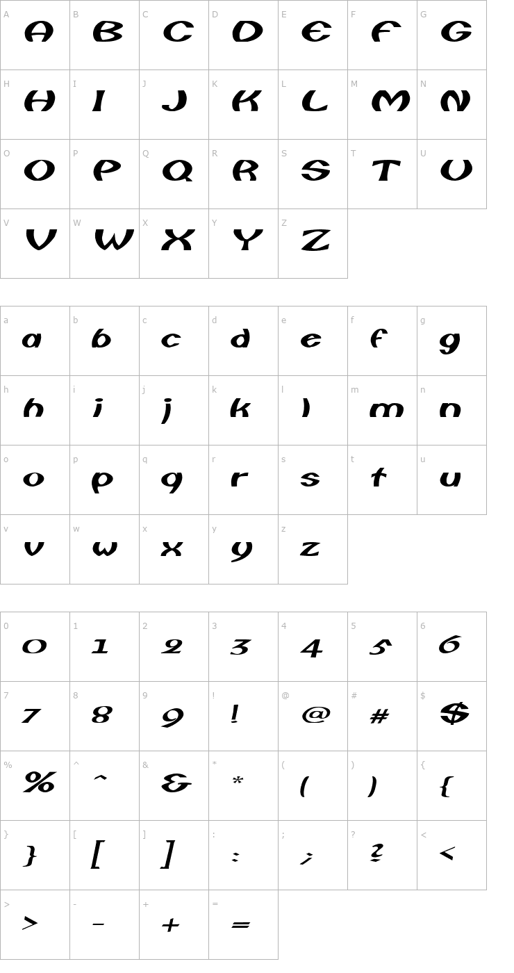 Character Map FishermanExtended Oblique Font