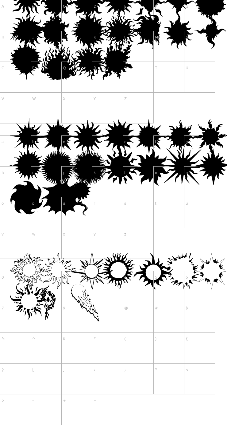 Character Map Flaming Stars & Splatters Font
