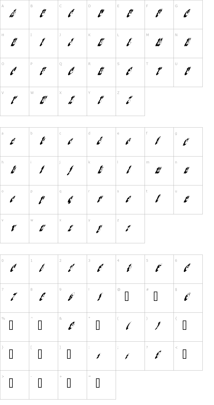 Character Map FlashbackCondensed Oblique Font