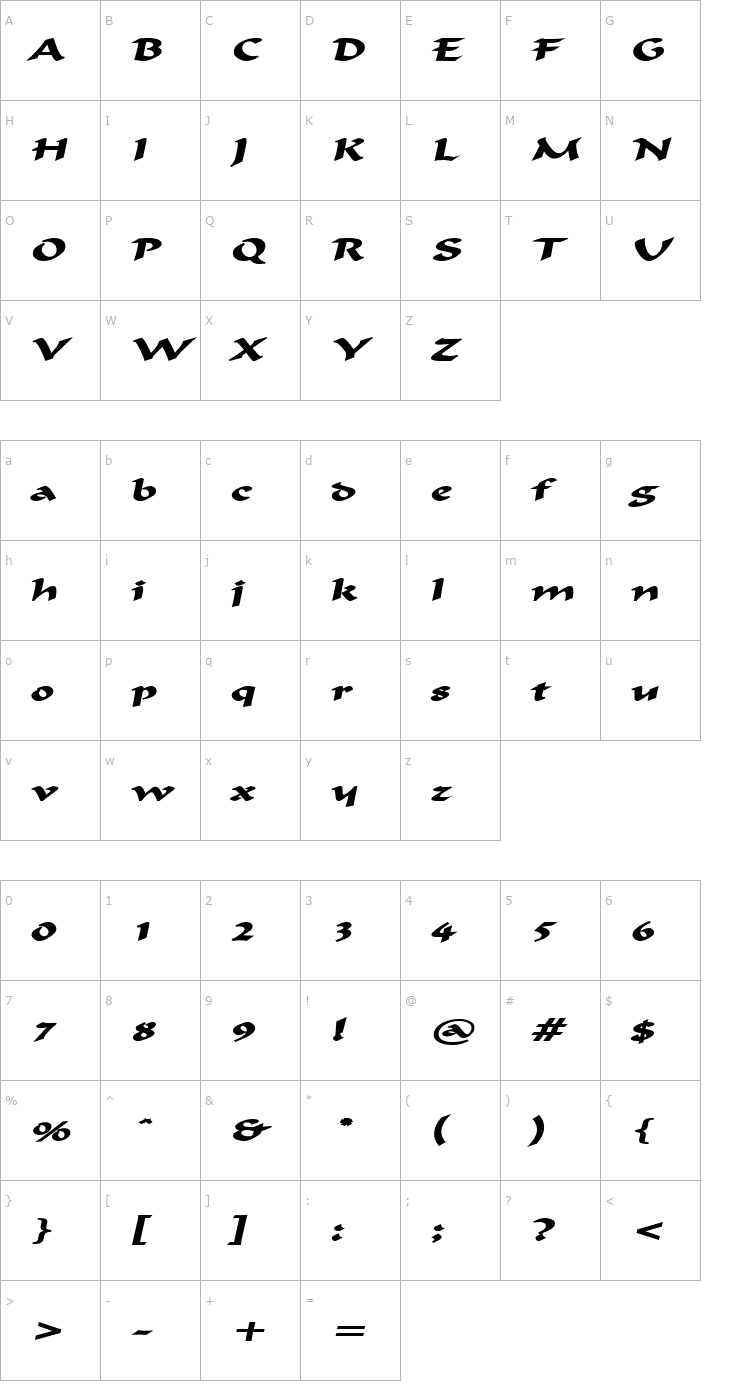 Character Map Flat Brush Extended BoldItalic Font