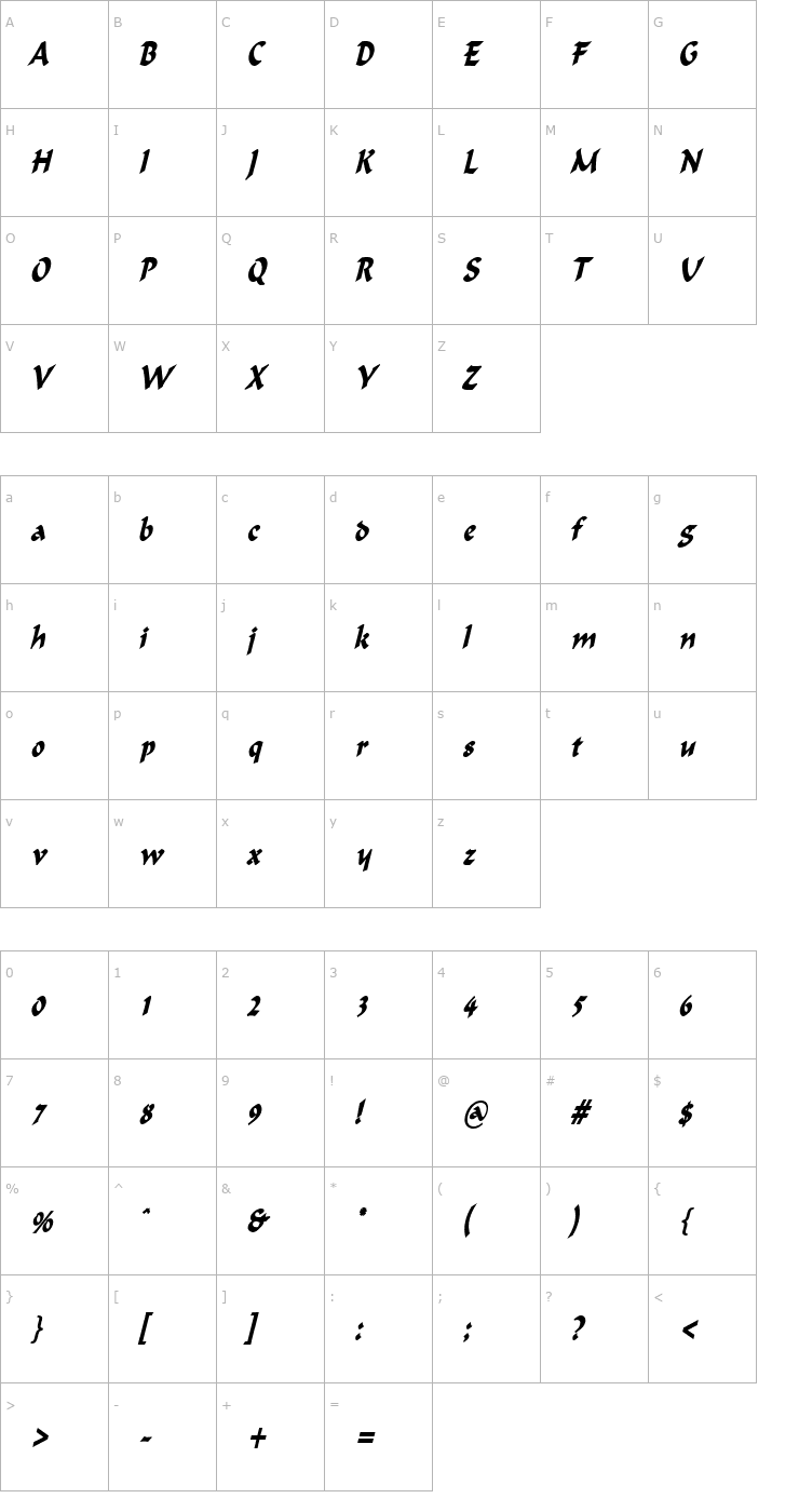 Character Map Flat Brush Thin BoldItalic Font