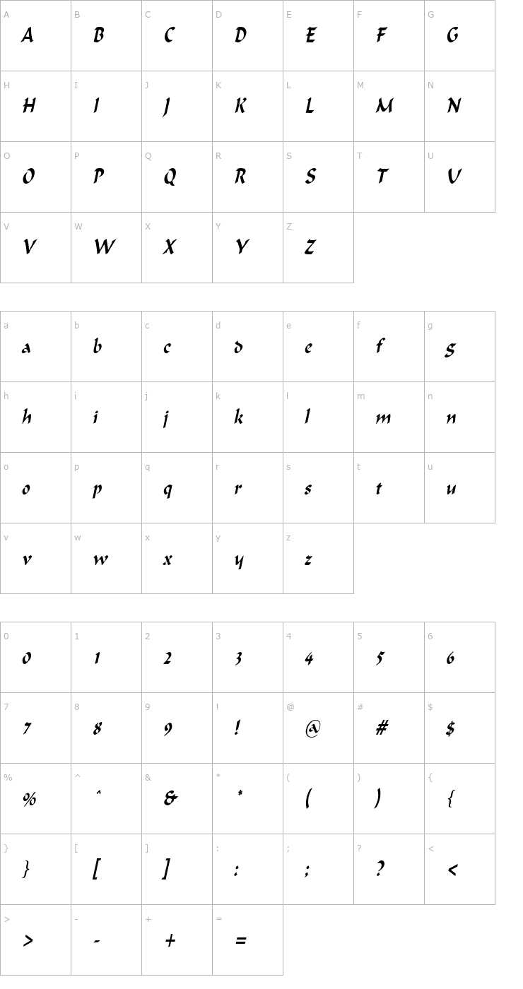 Character Map Flat Brush Thin Italic Font